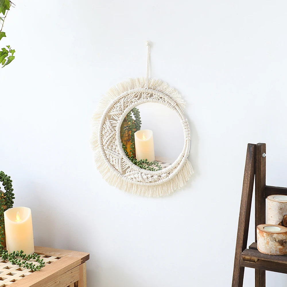 Wall Mirror Macrame Decorative Mirrors Boho Home Decor Wall Hanging Mirror for Living Room Decoration Bedroom Baby Nursery Gift