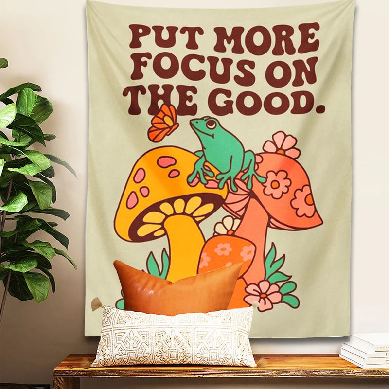 1pc Mushroom Frog Tapestry Wall Hanging Retro Put More Focus on the Good Trippy Aesthetic Room Decor Vintage Boho Wall Art