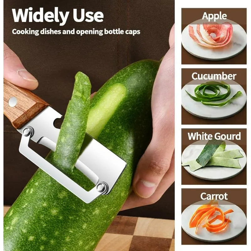 Multi Functional Vegetable Peeler for Kitchen, Premium Peeler with Wooden Handle and Bottle Opener, Stainless Steel Single Blade