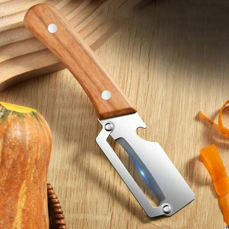 Multi Functional Vegetable Peeler for Kitchen, Premium Peeler with Wooden Handle and Bottle Opener, Stainless Steel Single Blade