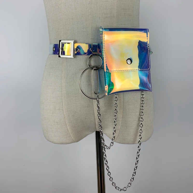 2024 Laser Colorful Holographic Belt Bag Women Fashion PVC Chains Waist Bag Street Casual Elegant Fanny Pack