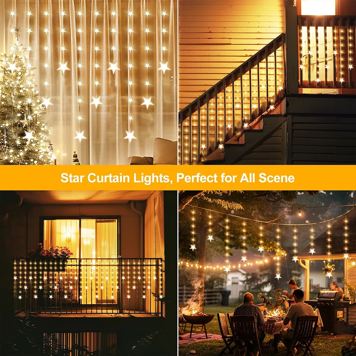1pc 120 LED Star Curtain Lights Hanging Star Fairy Atmosphere Window Garland Lamp USB Powered With Remote Control For Home Decor