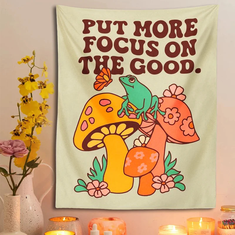 1pc Mushroom Frog Tapestry Wall Hanging Retro Put More Focus on the Good Trippy Aesthetic Room Decor Vintage Boho Wall Art