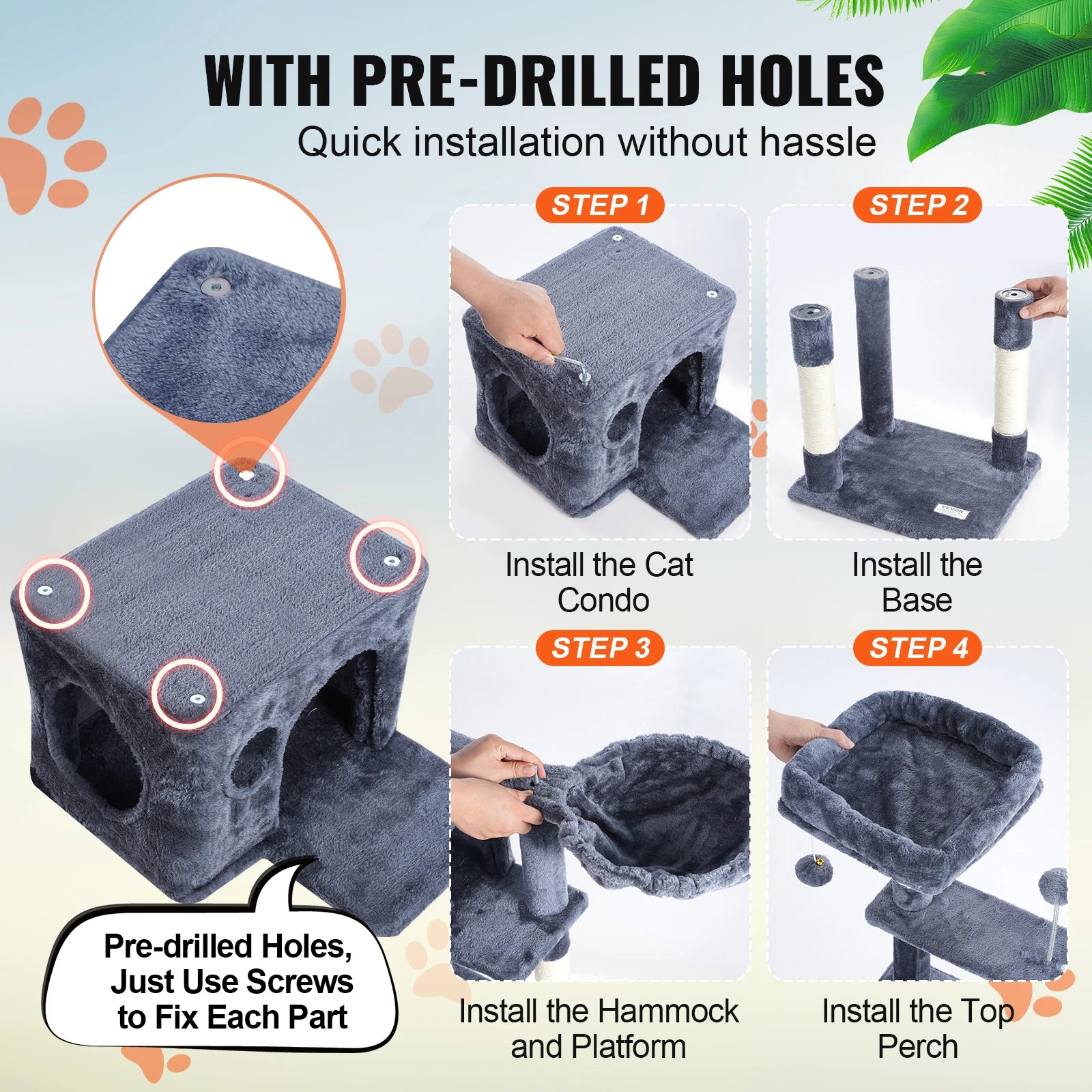 SucceBuy Cat Tree for Indoor Cats Cat Tower with Cat Condo Sisal Scratching Post HammockTop Perch Jumping Platforms Dark Grey