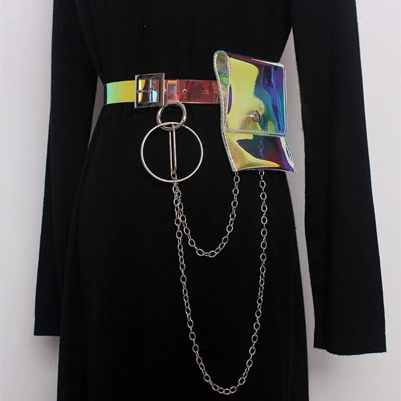 2024 Laser Colorful Holographic Belt Bag Women Fashion PVC Chains Waist Bag Street Casual Elegant Fanny Pack