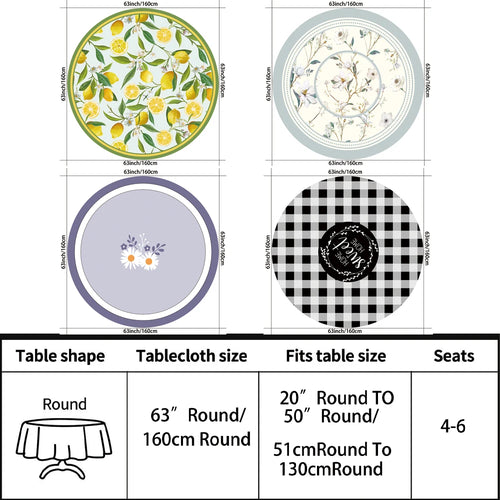 1 Piece Black White Checkered Circular Tablecloth Waterproof Dining Table Cover Lemon Bohemian Style 63 inch Tablecloth