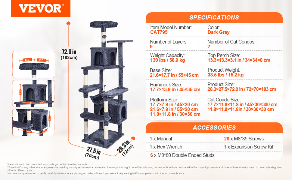SucceBuy Cat Tree for Indoor Cats Cat Tower with Cat Condo Sisal Scratching Post HammockTop Perch Jumping Platforms Dark Grey