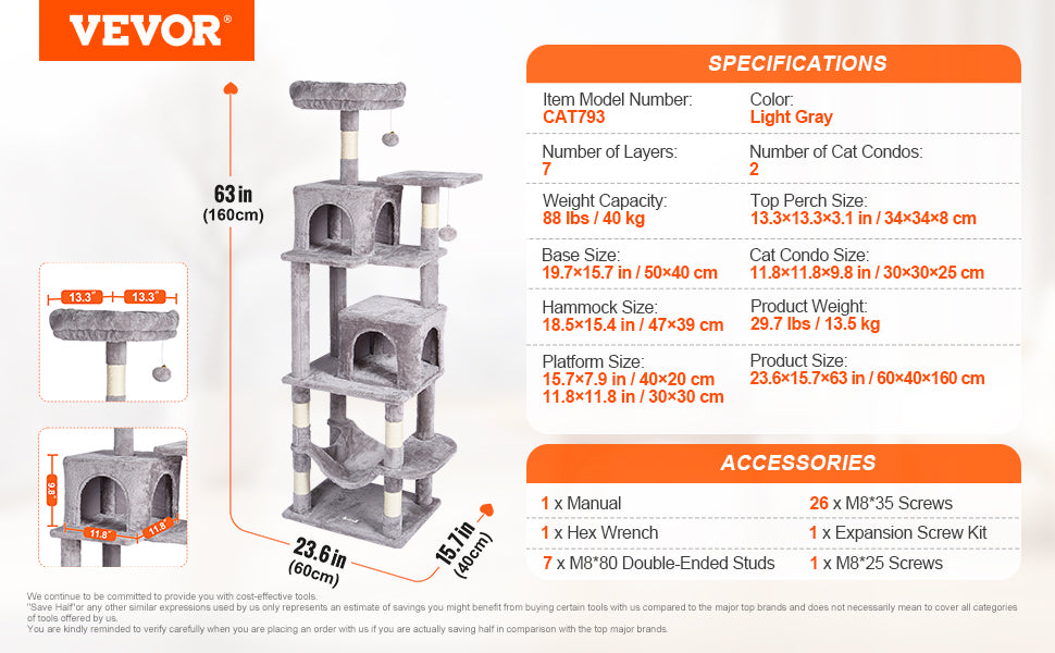SucceBuy Cat Tree for Indoor Cats Cat Tower with Cat Condo Sisal Scratching Post HammockTop Perch Jumping Platforms Dark Grey