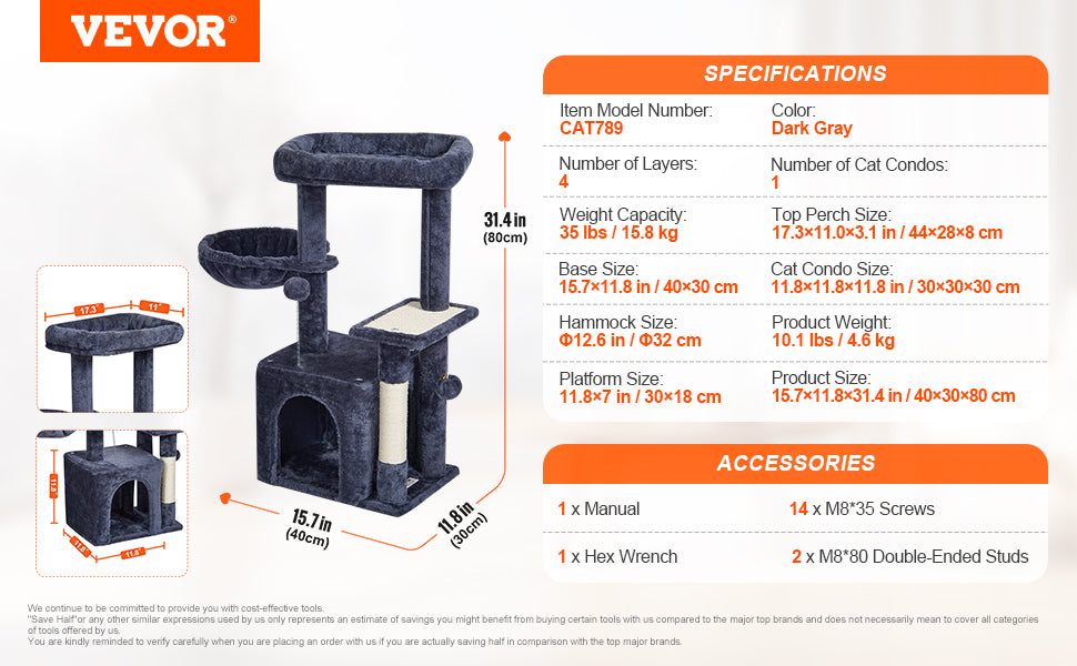 SucceBuy Cat Tree for Indoor Cats Cat Tower with Cat Condo Sisal Scratching Post HammockTop Perch Jumping Platforms Dark Grey