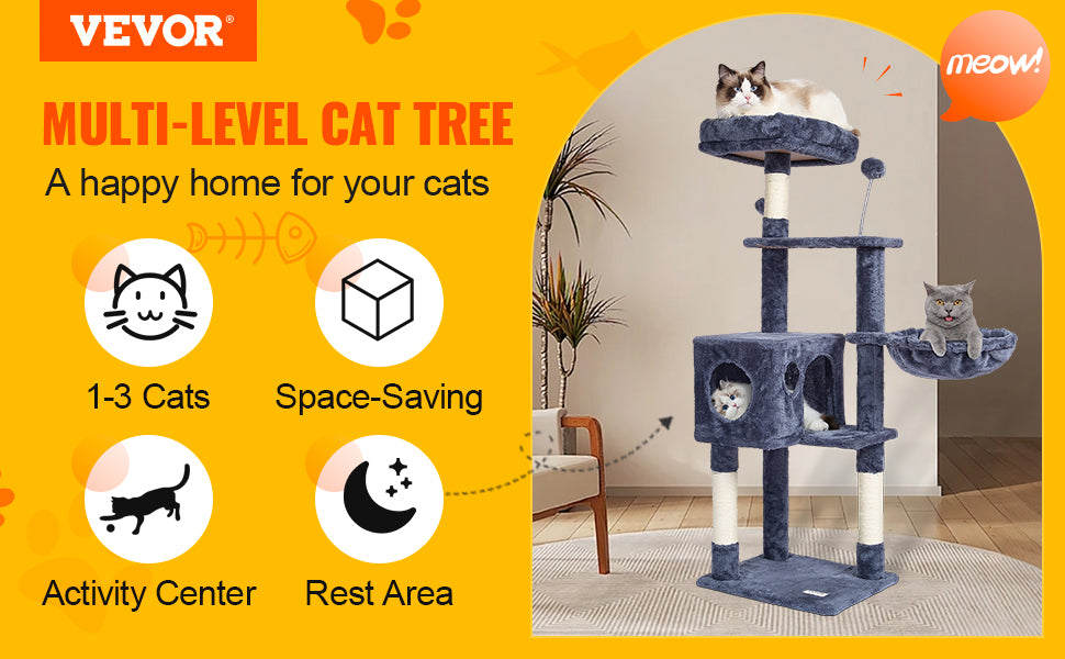 SucceBuy Cat Tree for Indoor Cats Cat Tower with Cat Condo Sisal Scratching Post HammockTop Perch Jumping Platforms Dark Grey